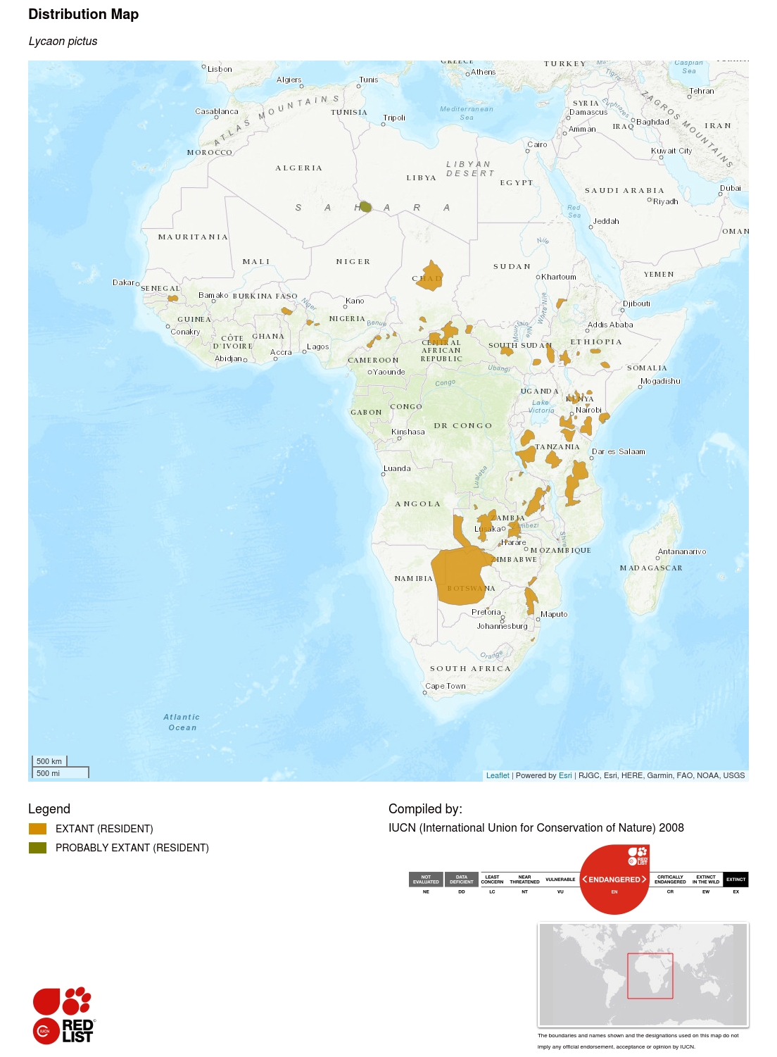 (African wild dog range map)
