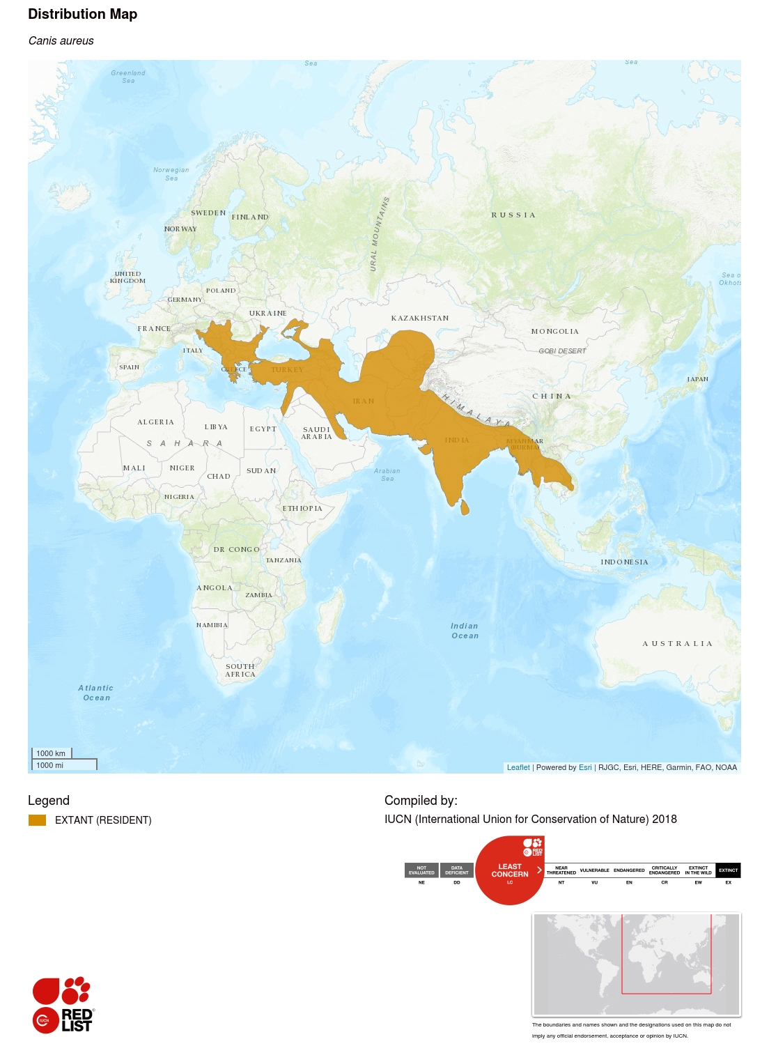 (mapa areálu šakala zlatého)